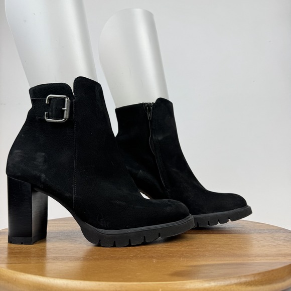 New Womens Paul Green Selma‎ Black Nubuck Leather Heeled Ankle Boots Size 7.5 M